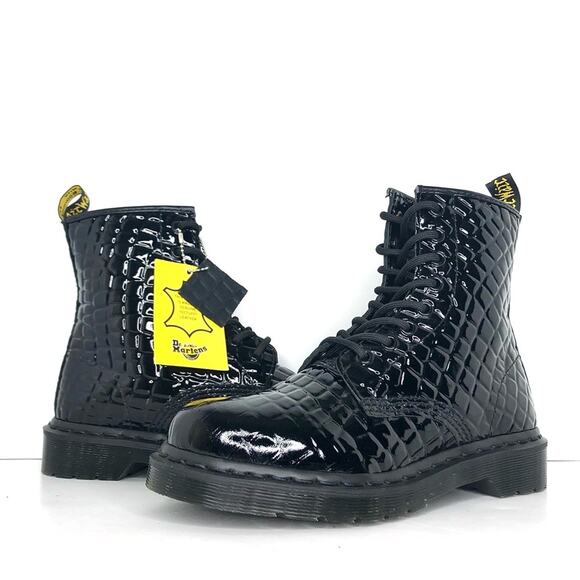 Dr Martens Patent Croc Emboss Black Leather Ankle Lace Up Boots Women’s 7 Shoes - Picture 1 of 12